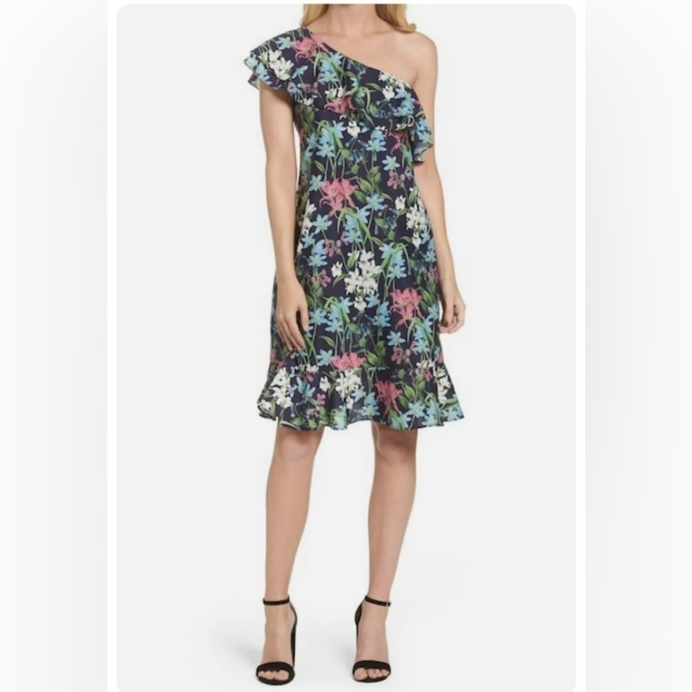 Chelsea28 One Shoulder Ruffle Bust And Hem Navy Floral Dress SZ 10